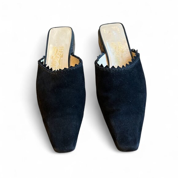 VTG Salvatore Ferragamo Black Suede Mules Size 9B Square Toe Slip On Italy - Picture 2 of 10